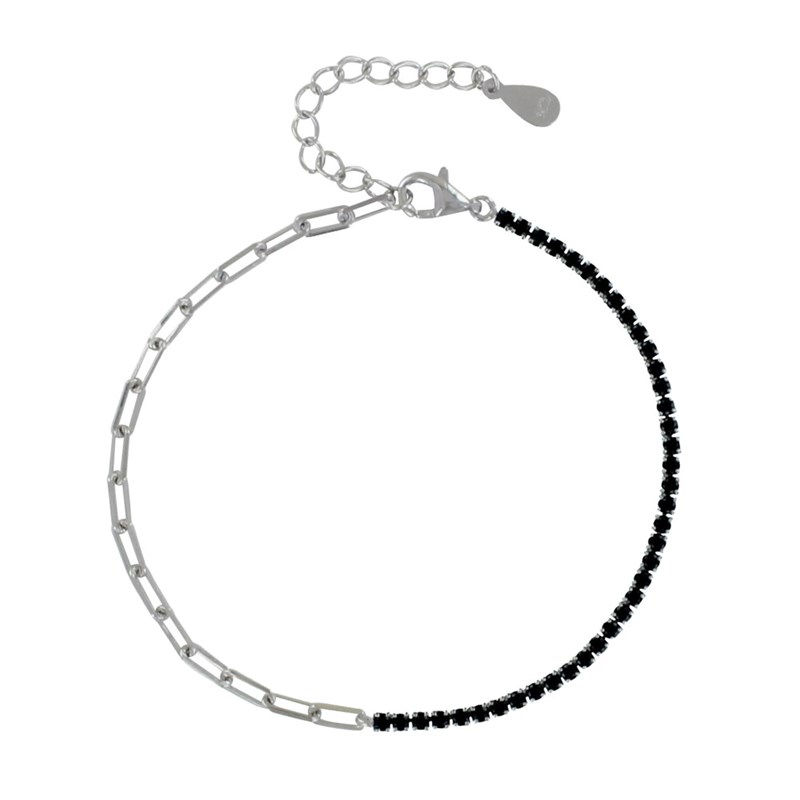 Bracelet Argent 925 Mailles Cheval et Petits Cubes de Strass - Noir