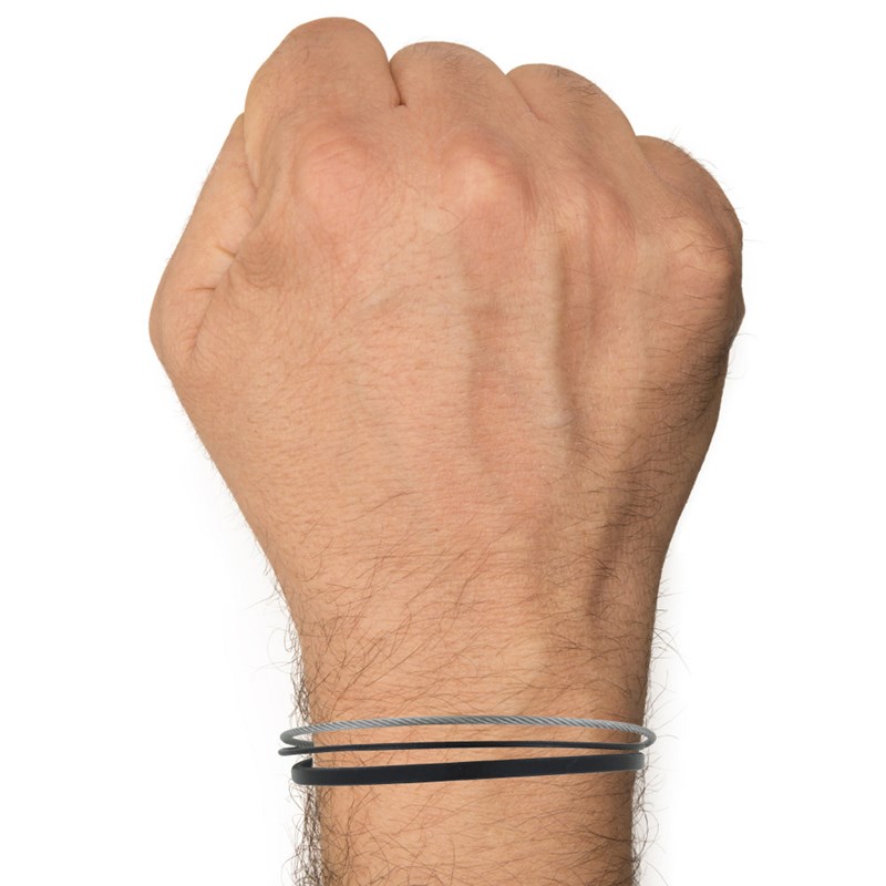 Bracelet Homme Cuir Simple et Câble Acier Inoxydable - Noir - vue 2