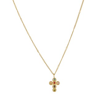 Necklace Cross multicolored zircons gold-plated steel