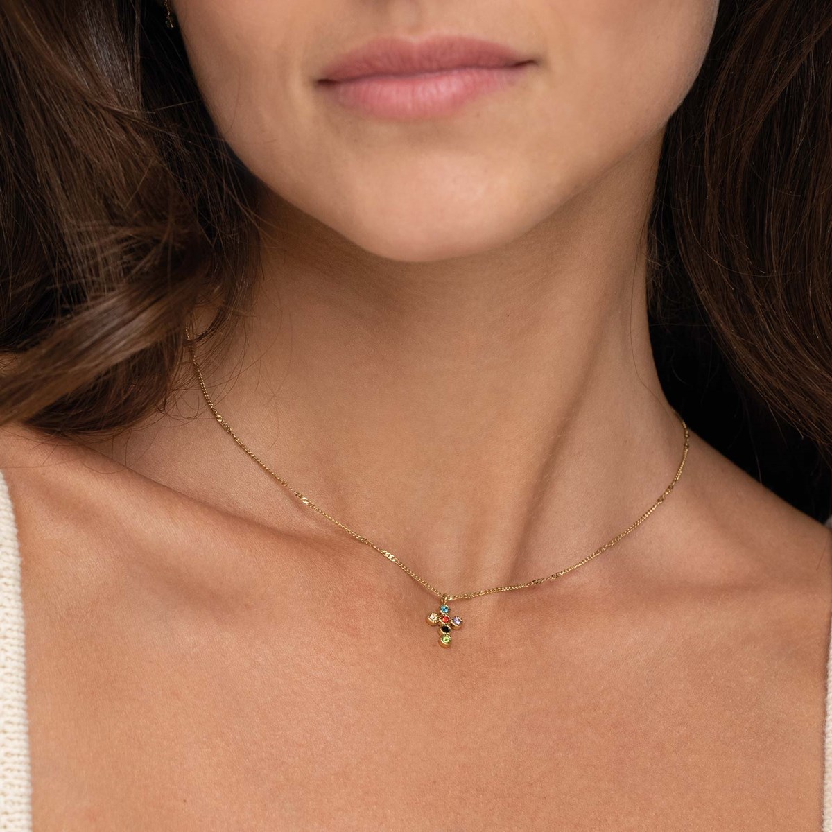 Collier Croix zircons multicolores acier doré or - vue 2