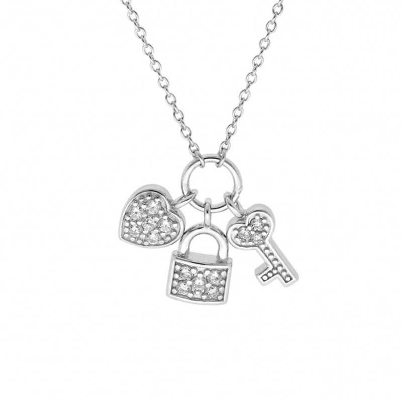 Collier femme pampilles Cadenas, coeur et clefs - Argent