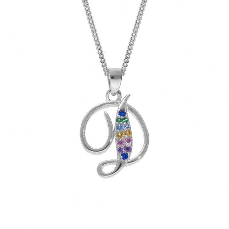 Collier femme Initiale lettre D - Argent et oxydes multicolores