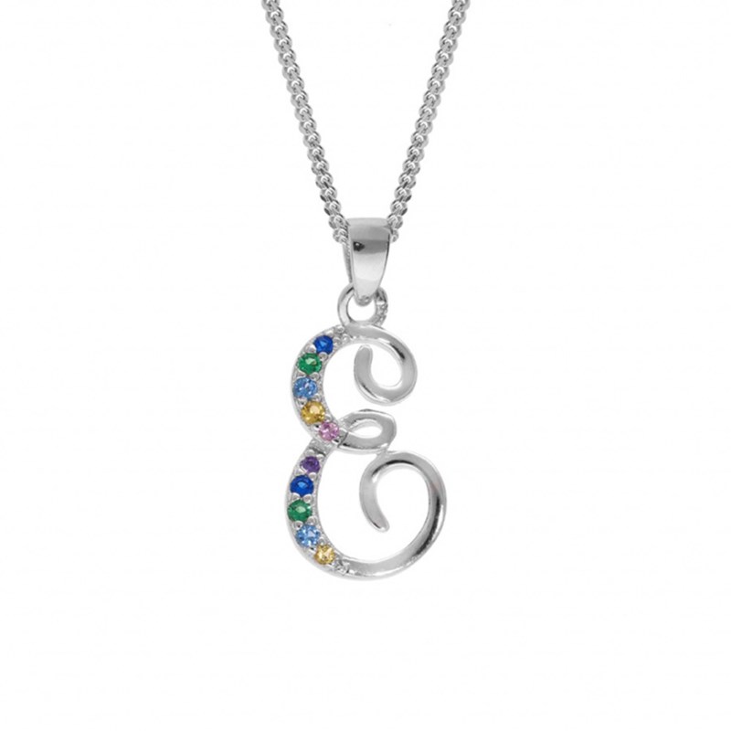 Collier femme Initiale lettre E - Argent et oxydes multicolores