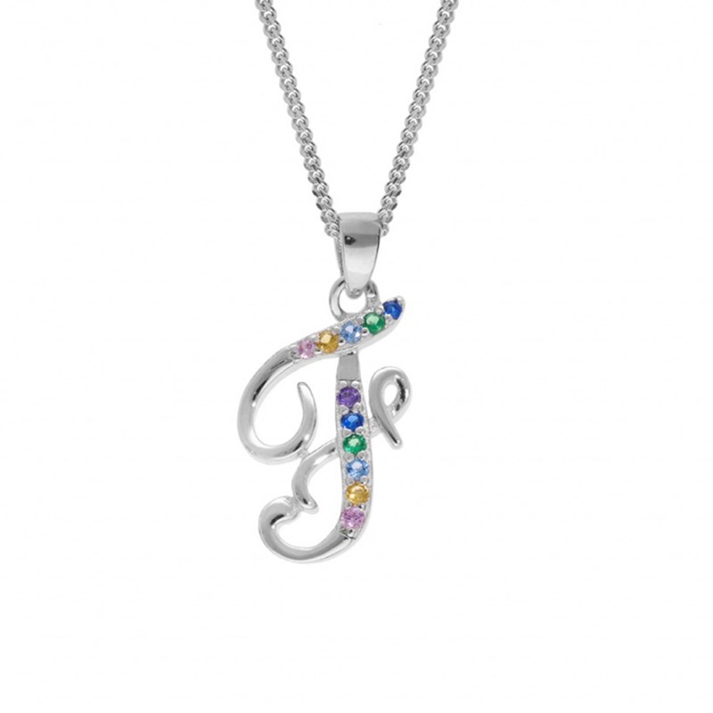 Collier femme Initiale lettre F - Argent et oxydes multicolores