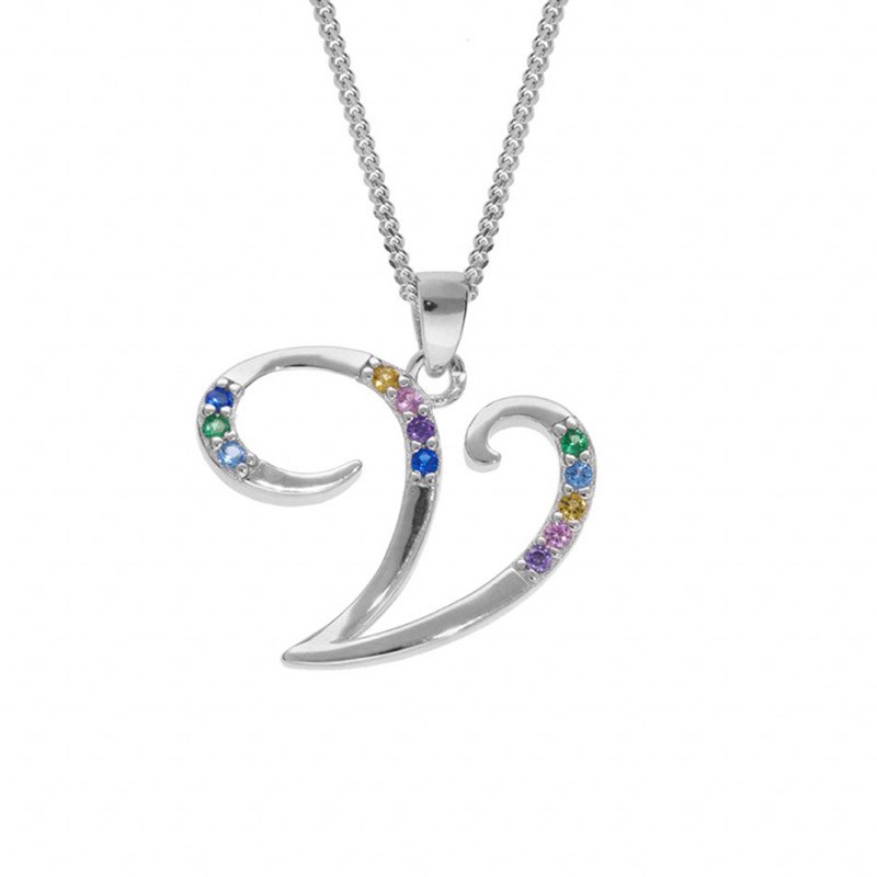 Collier femme Initiale lettre V - Argent et oxydes multicolores