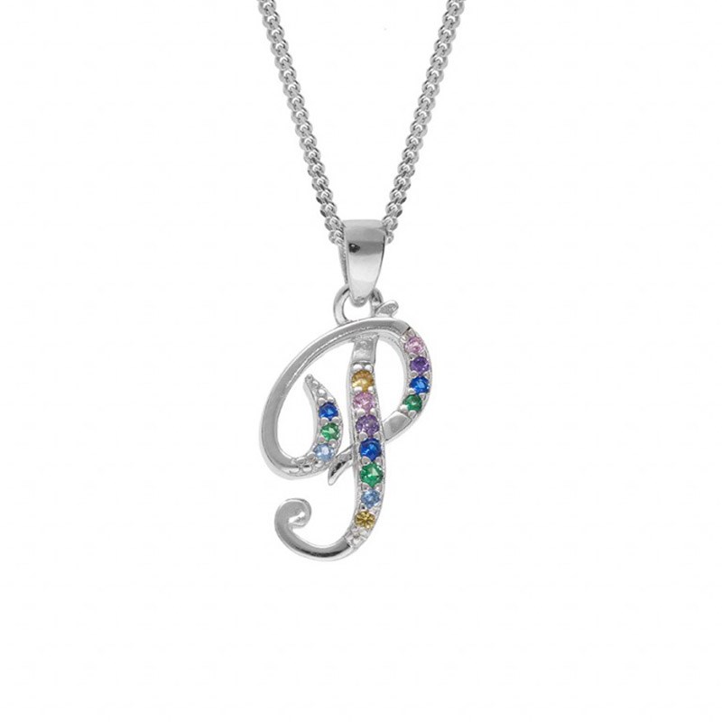 Collier femme Initiale lettre P - Argent et oxydes multicolores