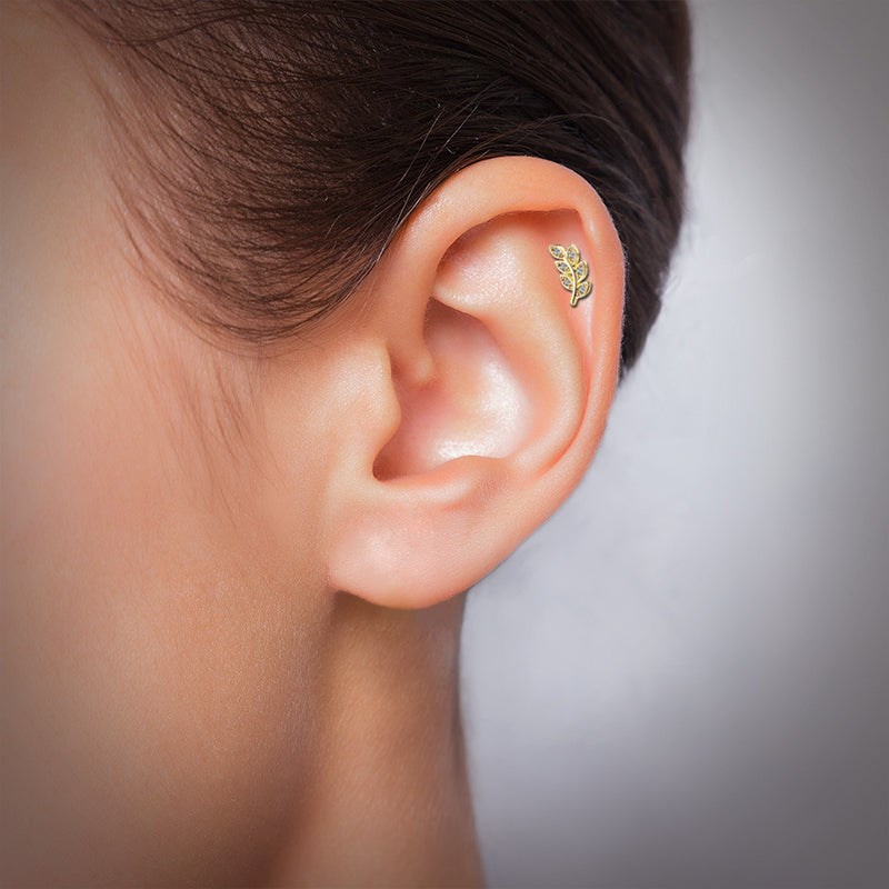 Piercing oreille en acier doré avec feuille - vue 3