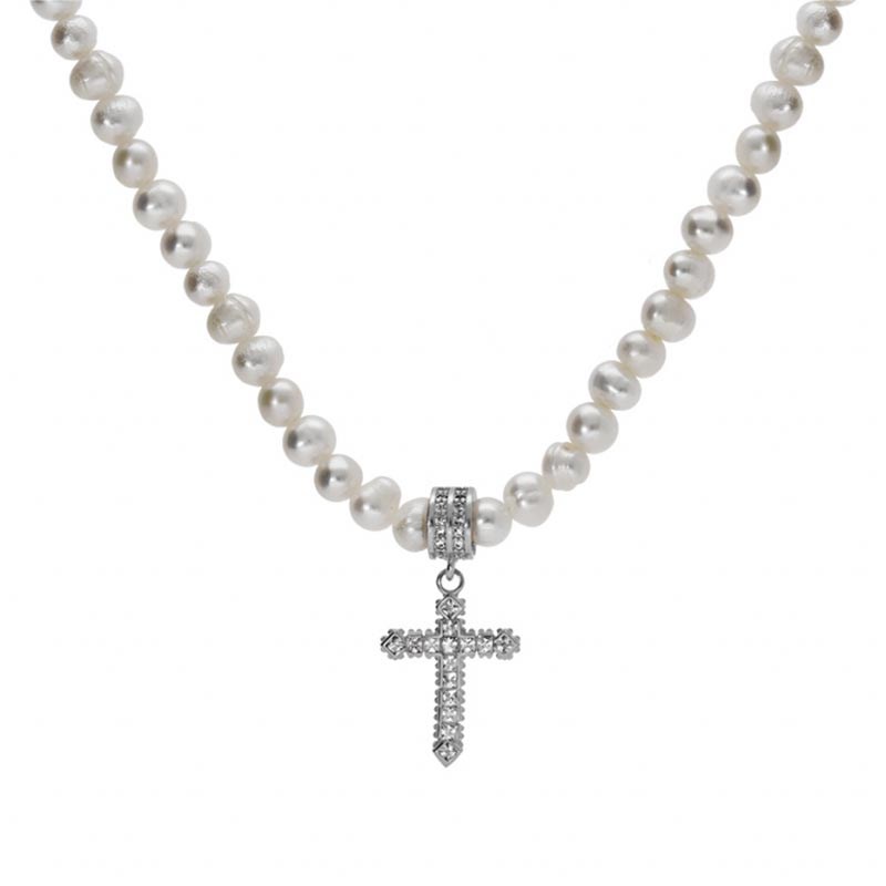 Collier femme perle de culture d'eau douce et pendentif croix argent