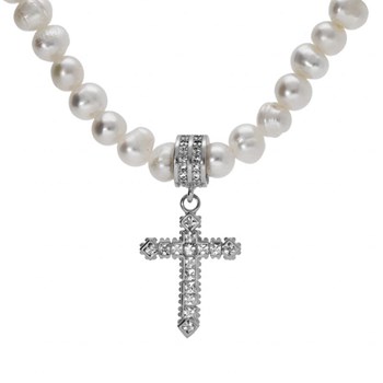 Collier femme perle de culture d'eau douce et pendentif croix argent
