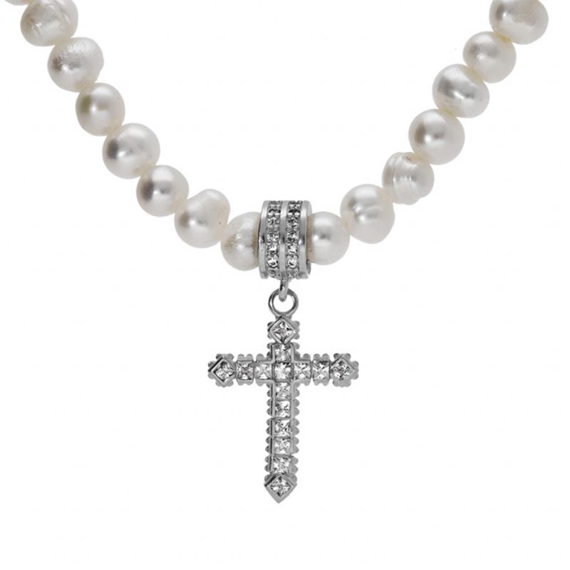 Collier femme perle de culture d'eau douce et pendentif croix argent - vue 2