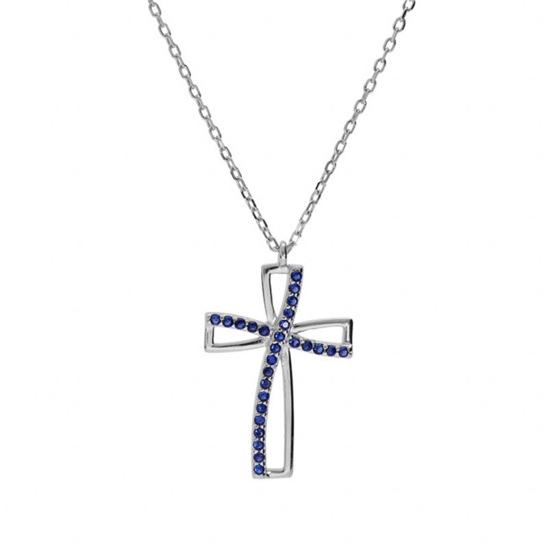 Collier argnet et pendentif croix oxyde bleu