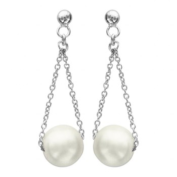 Boucles d'oreilles pendante chaine et perle synthétique blanche