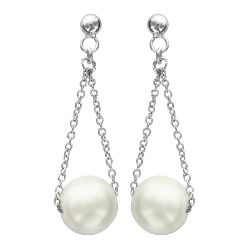 Boucles d'oreilles pendante chaine et perle synthétique blanche