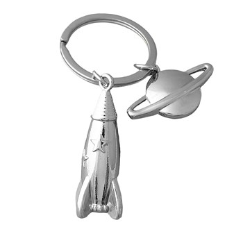 Silver rocket keyring with stars and planet Saturn