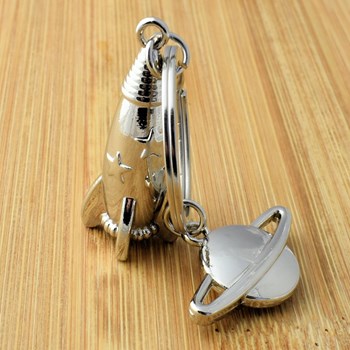Silver rocket keyring with stars and planet Saturn