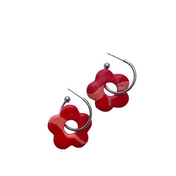 Boucles d'oreilles, créoles fleurs rouge et rose - Modèle fait main
