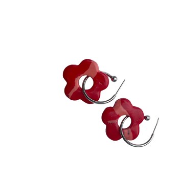Boucles d'oreilles, créoles fleurs rouge et rose - Modèle fait main