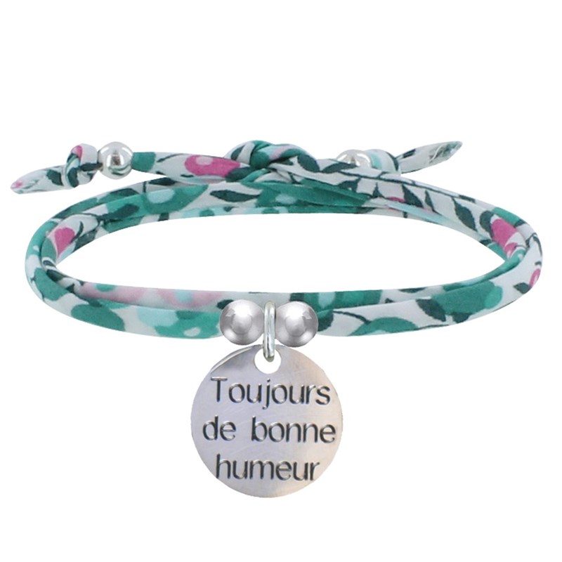 Bracelet Double Tour Lien Liberty et Médaille Toujours de Bonne Humeur Argent 925 - Vert
