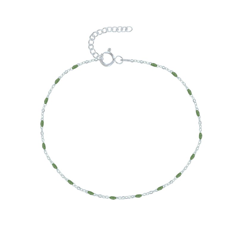 Bracelet de Cheville Argent 925 Perles Émaillées - Vert kaki