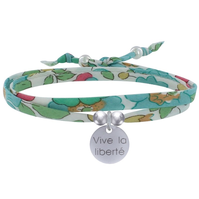 Bracelet Double Tour Lien Liberty et Médaille Vive la Liberté Argent 925 - Vert