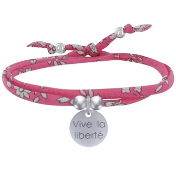 Bracelet Double Tour Lien Liberty et Médaille Vive la Liberté Argent - Fuchsia