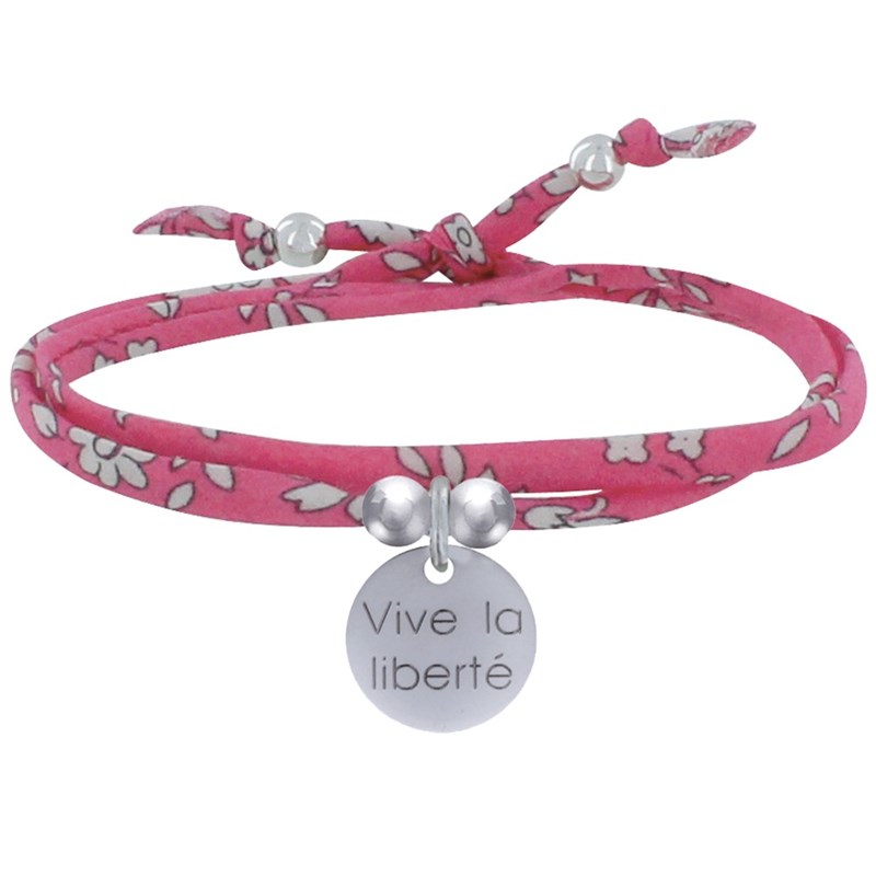 Bracelet Double Tour Lien Liberty et Médaille Vive la Liberté Argent 925 - Fuchsia