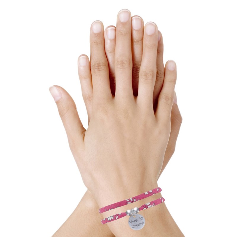 Bracelet Double Tour Lien Liberty et Médaille Vive la Liberté Argent 925 - Fuchsia - vue 2