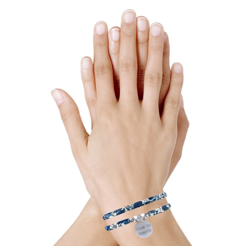 Bracelet Double Tour Lien Liberty et Médaille Vive la Liberté Argent 925 - Bleu Navy - vue 2