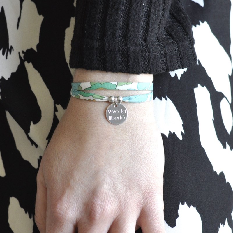 Bracelet Double Tour Lien Liberty et Médaille Vive la Liberté Argent 925 - Bleu Navy - vue 4