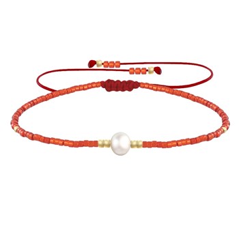 Bracelet Lien Perle d'Eau Douce Blanche et Petites Perles Brillantes - Rouge