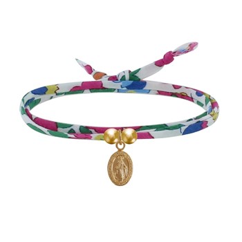 Bracelet Double Tour Lien Liberty et Petite Médaille Vierge Miraculeuse Plaqué Or - Fuchsia