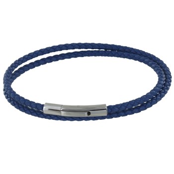 Bracelet Femme Double Tour Cuir Tréssé Rond pour Poignet de 18cm - Bleu Navy