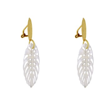 Earrings Clip Matte Brass Brushed Pastille Openwork Leaf Mother-of-Pearl