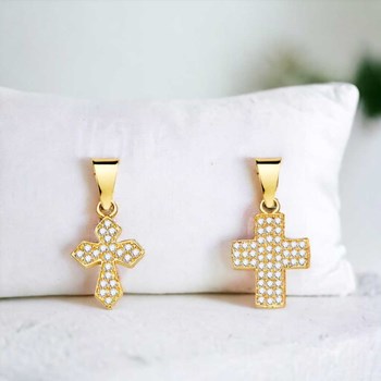 Collier - Médaille Croix Or 18 Carats 750/000 Jaune et Zirconiums - Chaine Dorée