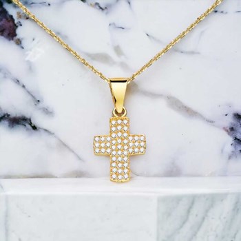 Collier - Médaille Croix Or 18 Carats 750/000 Jaune et Zirconiums - Chaine Dorée