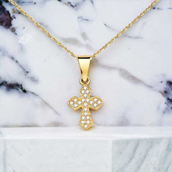 Collier - Médaille Croix Or 18 Carats 750/000 Jaune et Zirconiums - Chaine Dorée - 18PC22336OX