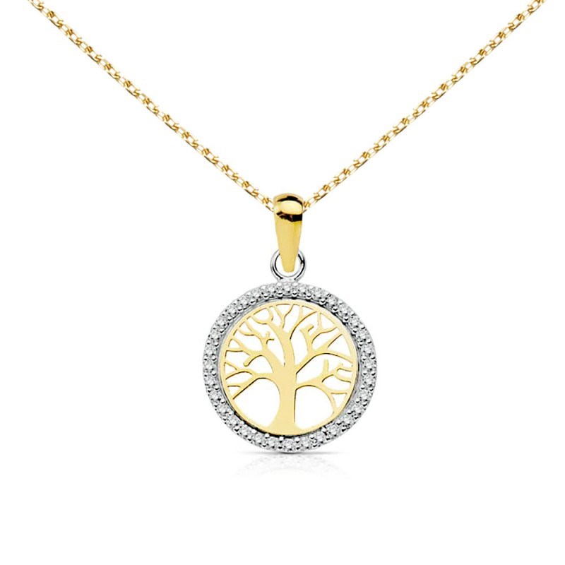 Collier - Pendentif Or 18 Carats 750/000 Jaune - Arbre de Vie Serti de Zirconiums - Chaine Dorée