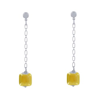 Boucles d'Oreilles Chainette Laiton Argenté et Cube en Céramique