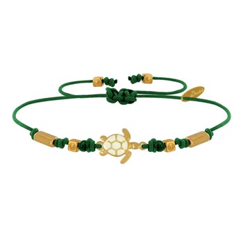 Bracelet Tortue Émaillé Blanche Laiton Doré - Vert Foncé