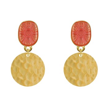Boucles d'Oreilles Laiton Doré Ovale Soleil en Résine et Pastille Martelée