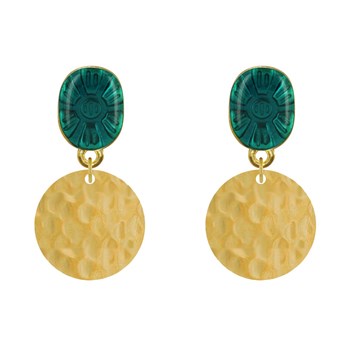 Boucles d'Oreilles Laiton Doré Ovale Soleil en Résine et Pastille Martelée