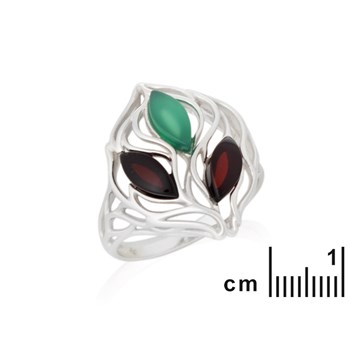 BAGUE AGATE NATURELLE TAINTEE VERTE, AMBRE ARGENT
