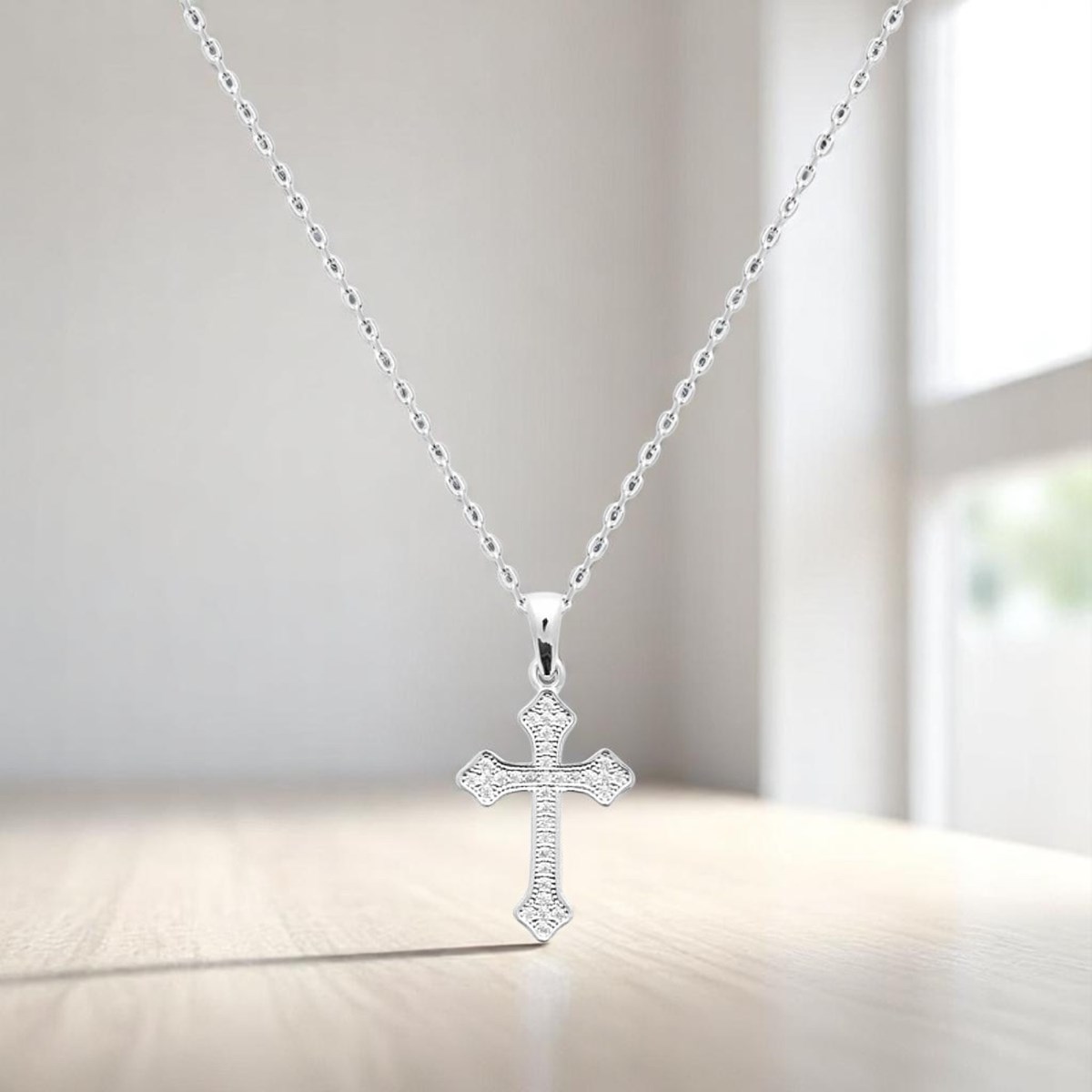 Collier croix tréflée oxydes de zirconium Argent 925 Rhodié - vue 4