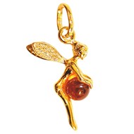 Pendentif Fée clochette et sa perle en ambre en plaqué or + chaine
