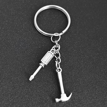 Do-it-yourself tool key ring hammer screwdriver silver