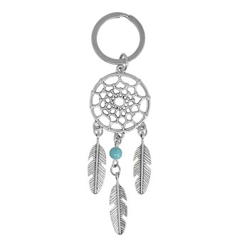 3 feather dream catcher keyring with silver turquoise bead