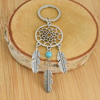 3 feather dream catcher keyring with silver turquoise bead