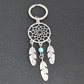 3 feather dream catcher keyring with silver turquoise bead