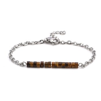 Bracelet Chaine Acier Perles Heishi 4mm oeil De Tigre