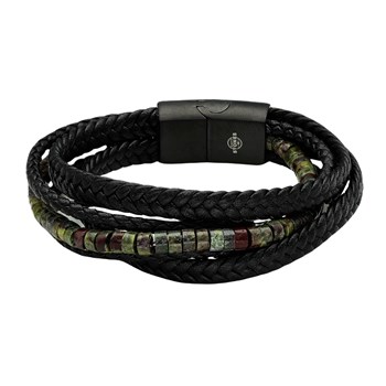 Bracelet Cuir Noir Tressé Avec Perles Heishi Kaki Jaspe Sang De Dragon